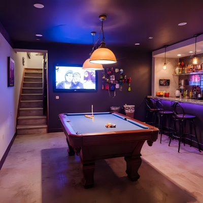 modern basement with led lights, pool table, and wet bar modern basement with led lights, pool table, and wet bar